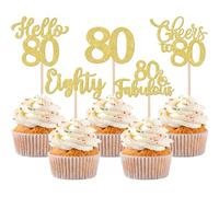 Xsstarmi 30 Pack Happy 80th Birthday Cupcake Toppers Gold Glitter Hello 80 Fabulous Eighty Birthday Cupcake Picks Cheers to 80 Years Cake Decorations for Happy 80th Birthday Party Supplies