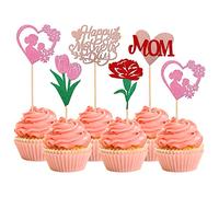 Xsstarmi 30 Pack Happy Mother's Day Cupcake Toppers - Pink Glitter Heart Mom Cupcake Picks - Best Mom Cake Decorations for Mother's Day & Birthday Parties