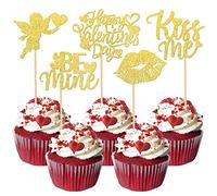 Xsstarmi 30 Pack Happy Valentine's Day Cupcake Toppers Glitter Cupid Kiss Me Love Heart Lip Cupcake Picks Be Mine Cake Decorations for Valentine's Day Theme Bridal Shower Party Supplies Gold
