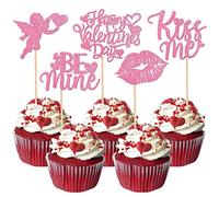 Xsstarmi 30 Pack Happy Valentine's Day Cupcake Toppers Glitter Cupid Love Heart Lip Kiss Me Cupcake Picks Be Mine Cake Decorations for Valentine's Day Wedding Anniversary Party Supplies Pink