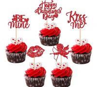 Xsstarmi 30 Pack Happy Valentine's Day Cupcake Toppers Glitter Lips Kiss Me Cupid Cupcake Picks Be Mine Sweet Heart Cupcake Decorations for Valentine's Day Theme Wedding Party Cake Decorations Red