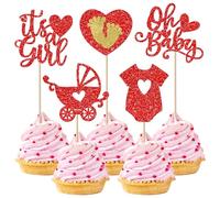 Xsstarmi 30 Pack It's a Girl Cupcake Toppers Glitter Heart Oh Baby Cupcake Picks Footprint Clothes Stroller Cake Decorations for Gender Reveal Theme Baby Shower Girls Birthday Party Supplies Red