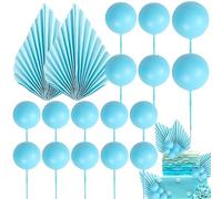 Xsstarmi 30 Pack Light Blue Paper Palm Fan Cake Topper Blue Balls Cake Pick for Baby Shower Wedding Bridal Shower Birthday Anniversary Party DIY Cake Decorations Supplies Light Blue