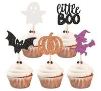 Xsstarmi 30 Pack Little Boo Cupcake Toppers Glitter Pumpkin Ghost Cupcake Picks Witch Bat Cake Decorations for Halloween Theme Baby Shower Birthday Party Supplies