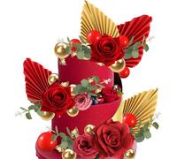 Xsstarmi 30 Pack Red Rose Flowers Cake Topper Artificial Flower Leaves Balloon Palm Fan Cake Pick DIY Valentine's Day Cake Decorations for Wedding Bridal Shower Birthday Valentine's Day Party Supplies