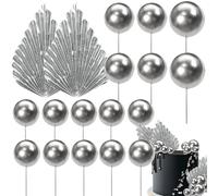 Xsstarmi 30 Pack Silver Paper Palm Fan Cake Topper Silver Balls Cake Pick for Baby Shower Wedding Bridal Shower Birthday Party DIY Party Cake Decorations
