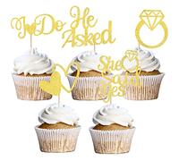 Xsstarmi 30 PCS He Asked She Said Yes Cupcake Toppers Gold Glitter Heart Ring I Do Cupcake Picks Decorations for Wedding Engagement Bridal Shower Theme Party Supplies