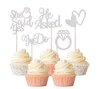 Xsstarmi 30 PCS He Asked She Said Yes Cupcake Toppers Silver Glitter Heart Ring I Do Cupcake Picks Decorations for Wedding Engagement Bridal Shower Theme Party Supplies