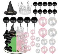 Xsstarmi 31 Pack 3D Crown Witch Hat Cake Topper Black Pink Balloons Cake Pick for Magic Witch Wizard Theme Baby Shower Wedding Birthday Party Cake Decorations Supplies