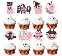 Xsstarmi 32 Pack Pumpkin Boo Cupcake Toppers Glitter Little Boo Cupcake Picks Moon Ghost Cake Decorations for Halloween Theme Witch Ghost Baby Shower Birthday Party Supplies