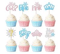 Xsstarmi 32 Pack Snowflake Boy or Girl Cupcake Toppers Glitter Blue or Pink Cupcake Picks Crown Cake Decoration for Gender Reveal Theme Baby Shower Birthday Christmas Party Decorations