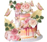Xsstarmi 34 Pack Artificial Flower Cake Topper Balloon Butterfly Peony Flower Paper Palm Fan Cake Pick for DIY Wedding Bithday Valentine's Day Party Cake Decorations Supplies
