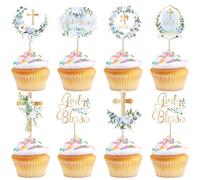 Xsstarmi 35 Pack God Bless Cupcake Toppers Cross Blue Wreath Cupcake Picks for Christian Baptism Baby Shower Boys First Communion Party Cake Decorations Supplies