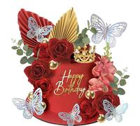 Xsstarmi 35 Pack Red Rose Flower Cake Topper Gold Balloon Artificial Flower Leaves Paper Palm Fan Cake Pick for DIY Wedding Bithday Valentine's Day Party Cake Decorations Supplies