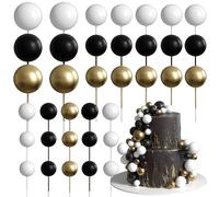Xsstarmi 36 Pack Ball Cake Topper Decorations Mini Balloons Foam Balls Cake Pick for Baby Shower Wedding Birthday Anniversary Party Cake Decorations Supplies Black White Gold