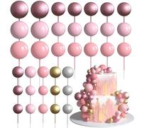 Xsstarmi 36 Pack Ball Cake Topper Decorations Mini Balloons Foam Balls Cake Pick for Baby Shower Wedding Birthday Anniversary Party Cake Decorations Supplies Gold Silver Mix Pink
