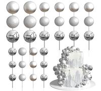 Xsstarmi 36 Pack Ball Cake Topper Decorations Mini Balloons Foam Balls Cake Pick for Baby Shower Wedding Birthday Anniversary Disco Party Cake Decorations Supplies Silver