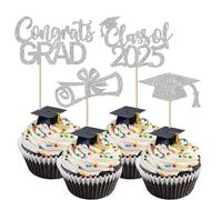 Xsstarmi 36 Pack Class of 2025 Cupcake Toppers Glitter Graduation Hat Diploma Done Cupcake Picks Congrats Grad Cake Decorations for 2025 Graduation Theme Celebrate Party Supplies Silver