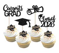 Xsstarmi 36 Pack Class of 2026 Cupcake Toppers Glitter Graduation Hat Diploma Done Cupcake Picks Congrats Grad Cake Decorations for 2026 Graduation Theme Celebrate Party Supplies Black