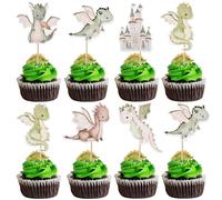 Xsstarmi 36 Pack Dragon Cupcake Toppers Double Sided Cartoon Castle Baby Dragon Cupcake Picks Decoration for Dragon Theme Baby Shower Kids Birthday Party Cake Decorations Supplies Green