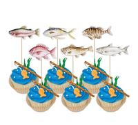 Xsstarmi 36 Pack Fish Cupcake Toppers Double Sided Printing Outdoor Go Fishing Theme Cupcake Picks Decoration for Fishing Theme Outdoor Activities Camping Adventure Party Cake Decorations