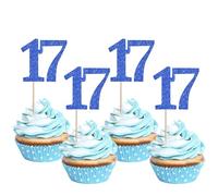 Xsstarmi 36 Pack Number 17 Cupcake Toppers Glitter Cheers to 17 Years Birthday Cupcake Picks Decoration for Happy 17th Birthday Wedding Anniversary Party Cake Decorations Blue