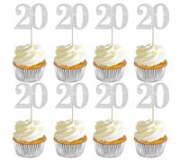 Xsstarmi 36 Pack Number 20 Cupcake Toppers Silver Glitter Cheers to 20 Years Birthday Cupcake Picks Decoration for Happy 20th Birthday Wedding Anniversary Party Cake Decorations