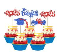 Xsstarmi 36 Pack Star Congrats Grad Cupcake Toppers Glitter Grad Cap You Did it Cupcake Picks for Diploma Done Class of 2025 Graduation Party Cake Decorations Supplies Blue Red