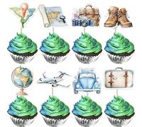 Xsstarmi 36 Pack Travel Theme Cupcake Toppers Double Sided Printing Map Transportation Bag Camera Cupcake Picks for Let The Adventure Begin Travel Theme Wedding Birthday Party Cake Decorations