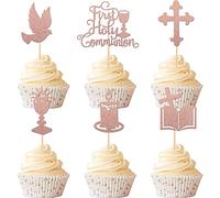 Xsstarmi 36 PCS First Holy Communion Cupcake Toppers Rose Gold Glitter God Bless Dove Cross Cupcake Picks First Communion Cake Decorations for God Christian Baptism Theme Baby Shower Birthday Party