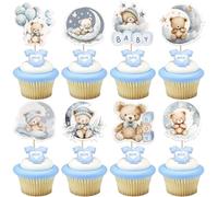 Xsstarmi 40 Pack Blue Baby Bear Cupcake Toppers Moon Balloon Goodnight Bear Cupcake Picks for Gender Reveal Theme Baby Shower Boys Birthday Party Cake Decorations Supplies
