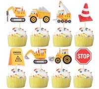 Xsstarmi 40 Pack Construction Cupcake Toppers Dump Truck Excavator Tractor Cupcake Picks Stop Sign Cake Decorations for Construction Theme Baby Shower Kids Birthday Party Supplies
