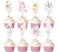 Xsstarmi 40 Pack Flower Birthday Cupcake Toppers Butterfly Cupcake Toppers Wildflower Cupcake Picks Baby in Bloom Decoration for Girl Garden Floral Fairy Baby Shower Party Cake Decorations White
