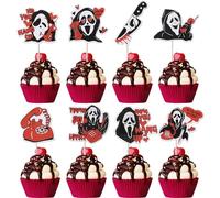 Xsstarmi 40 Pack Horror Movie Scam Cupcake Toppers Telephone No You Hang Up Killer Birthday Cupcake Toothpicks for Halloween Horror Movie Theme Birthday Party Cake Decorations Red