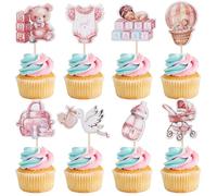 Xsstarmi 40 Pack It's a Girl Cupcake Toppers Double Sided Balloon Bottle Cupcake Picks Jumpsuit Baby Stroller Bear Cake Decorations for Gender Reveal Baby Shower Girl's Birthday Party Supplies Pink