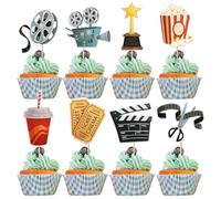 Xsstarmi 40 Pack Movie Cupcake Toppers Double Sided Roll Camera Cola Popcorn Cupcake Picks Cinema Tickets Movie Night Cake Decorations for Hollywood Movie Theme Baby Shower Birthday Party Supplies
