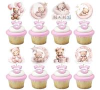 Xsstarmi 40 Pack Pink Baby Bear Cupcake Toppers Moon Balloon Goodnight Bear Cupcake Picks for Gender Reveal Theme Baby Shower Girls Birthday Party Cake Decorations Supplies