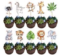 Xsstarmi 40 Pack Safari Animals Cupcake Toppers Jungle Animals Baby Shower Party Decorations Green Leaf Woodland Animal Cupcake Picks for Boys Girls Birthday Wild Party Cake Decorations