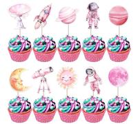 Xsstarmi 40 Pack Space Astronaut Cupcake Toppers Planet Rocket Telescope Cupcake Picks Trip to the Moon Cake Decorations for Outer Space Baby Shower Astronaut Birthday Party Supplies Pink