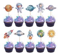 Xsstarmi 40 Pack Space Astronaut Cupcake Toppers Sun Planet Rocket Spaceship Trip to the Moon Cupcake Food Picks for Universe Outer Space Theme Baby Shower Birthday Party Cake Decorations Blue