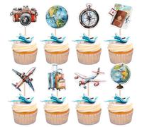 Xsstarmi 40 Pack Travel Theme Cupcake Toppers - Let the Adventure Begin - Compass Map Luggage Airplane Cake Decorations for Travel, Farewell, Birthday Parties - Blue