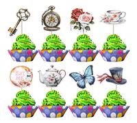 Xsstarmi 40 Pack Wonderland Theme Cupcake Toppers Double Sided Butterfly Key Pocket Watch Mad Hatter Cupcake Picks Flower Tea Party Eat Me Cake Decorations for Baby Shower Birthday Party Supplies