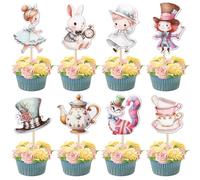 Xsstarmi 40 Pack Wonderland Theme Cupcake Toppers Magic Smiley Cat March Hare Cupcake Picks Mad Hatter Tea Party Cake Decorations for Alice Theme Baby Shower Birthday Party Supplies