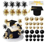 Xsstarmi 42 Pack Graduation Cake Topper Decoration Set with Firework Black Gold Balls Cake Pick for Diploma Done Congrats Grad Theme Party Cake Decorations