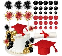 Xsstarmi 42 Pack Graduation Cake Topper Decoration Set with Firework Black Red Balls Cake Pick for Diploma Done Congrats Grad Theme Party Cake Decorations
