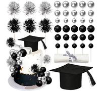Xsstarmi 42 Pack Graduation Cake Topper Decoration Set with Firework Black Silver Balls Cake Pick for Diploma Done Congrats Grad Theme Party Cake Decorations