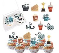 Xsstarmi 56 Pack Movie Theme Edible Cupcake Toppers Rice Paper Movie Night Roll Camera Popcorn Cupcake Picks Decorations for Baby Shower Kids Birthday Movie Theme Party Cake Decorations