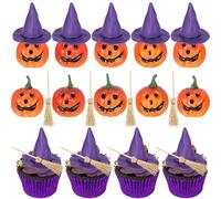 Xsstarmi 6 Set Happy Halloween Cake Topper Decorations Magic Wizard Devil Pumpkin Cake Decorations Set for Horrible Baby Shower Kids Birthday Halloween Party DIY Cake Decorations Purple