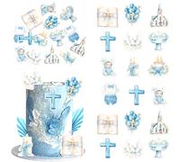 Xsstarmi 60 Pack Edible Baptism Cupcake Toppers Edible Boys God Bless Cake Decorations Christian Cupcake Picks for Religious Baby Shower Boys First Holy Communion Party Cake Decorations Blue