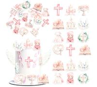 Xsstarmi 60 Pack Edible Baptism Cupcake Toppers Edible Girls God Bless Cake Decorations Christian Cupcake Picks for Religious Baby Shower Girls First Holy Communion Party Cake Decorations Pink